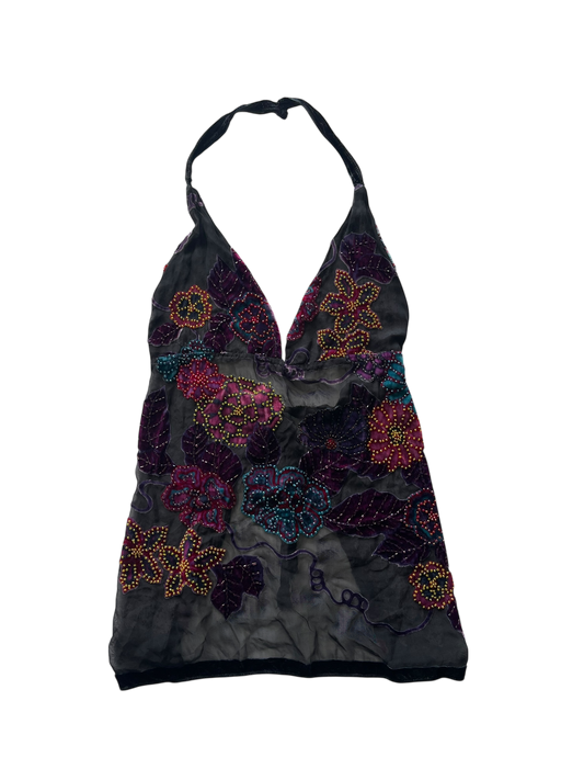 Floral Rhinestone Backless Halter Top l 4-6